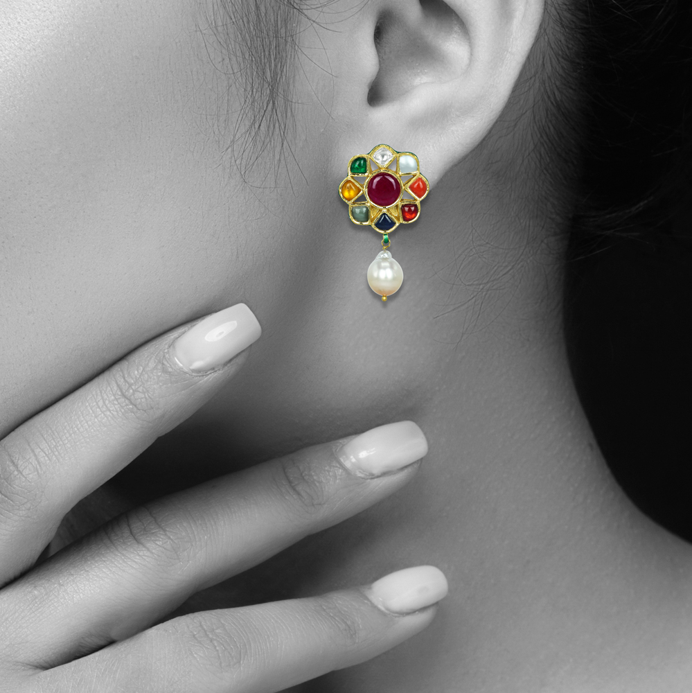 Navaratna Earrings with Ruby Center and Pearl Drop